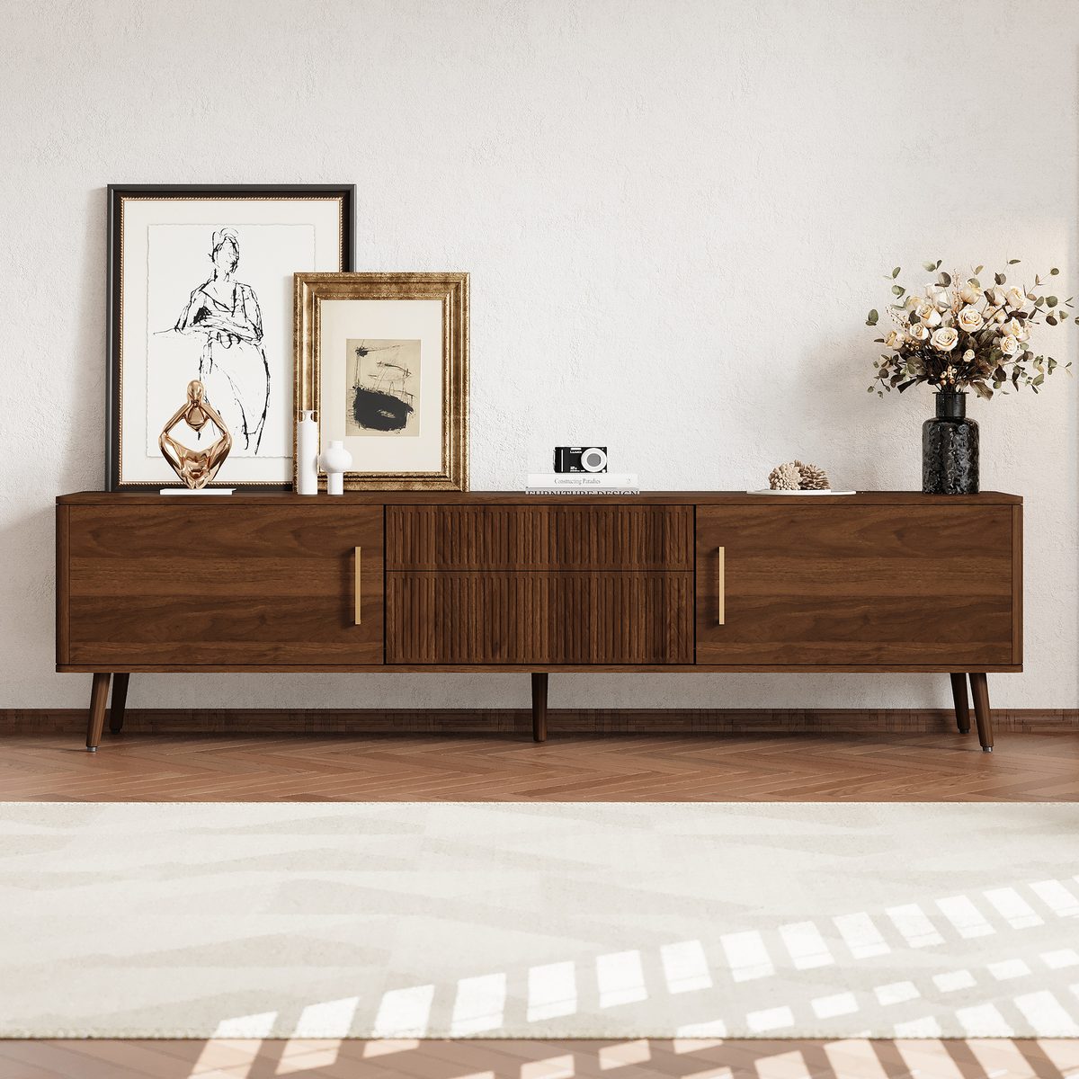 Mid Century TV Stand with 2 Drawers, Media Console Table for TVs up to 80'', Entertainment Center with Storage for Living room, Bedroom, Home Theatre