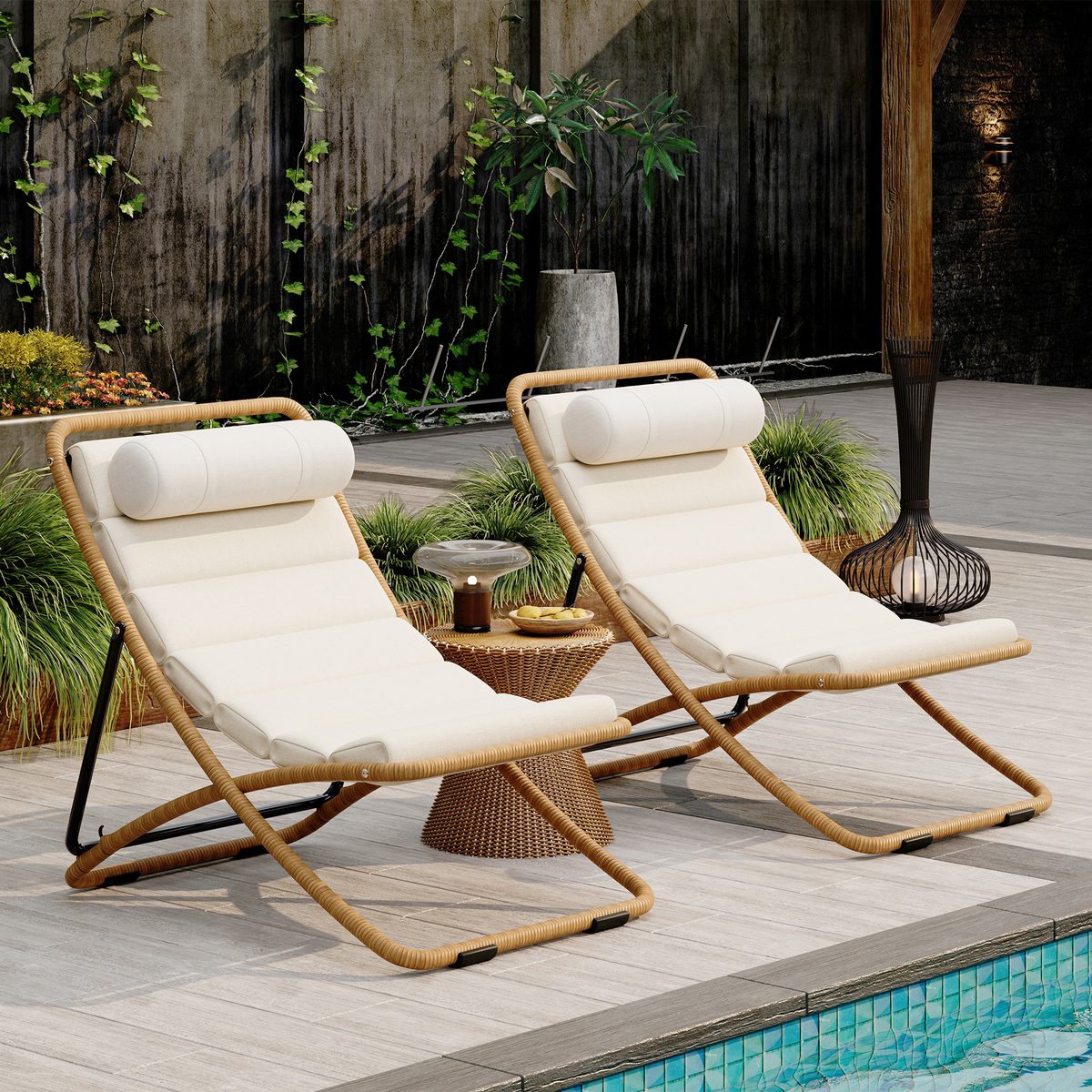 2-Pieces Outdoor Folding Chair, Rattan-Wrapped Patio Chair with Adjustable Backrest, Thick Cushion, and Detachable Headrest ,for the Poolside, Beach, Backyard, Decck, and Camping (Yellow)