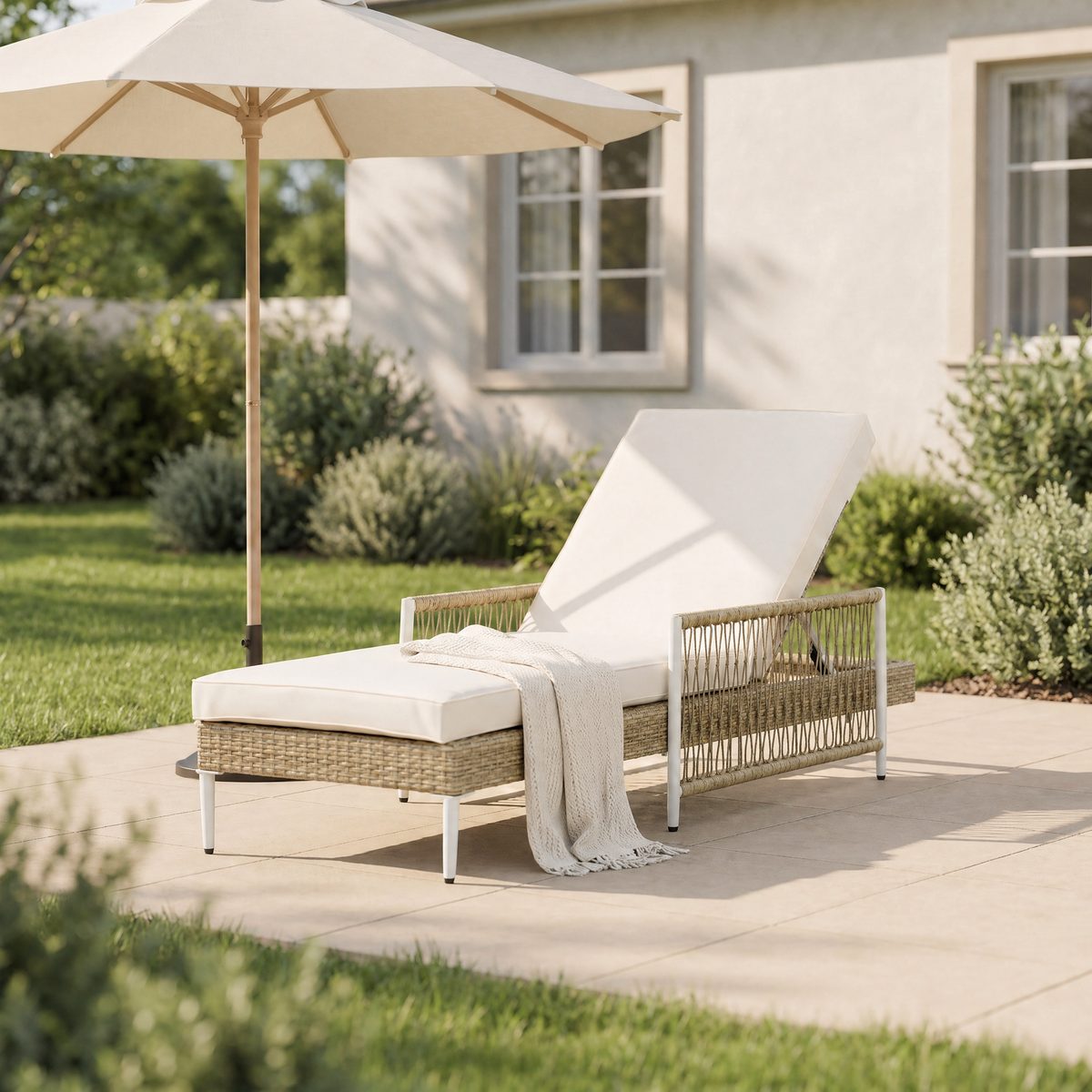 Outdoor All-Weather PE Rattan Chaise Lounge, Minimalist Patio Wicker Lounge Chair with 6 Gear Adjustable Recliner, Arms and Cushion for Poolside, Deck, Beige