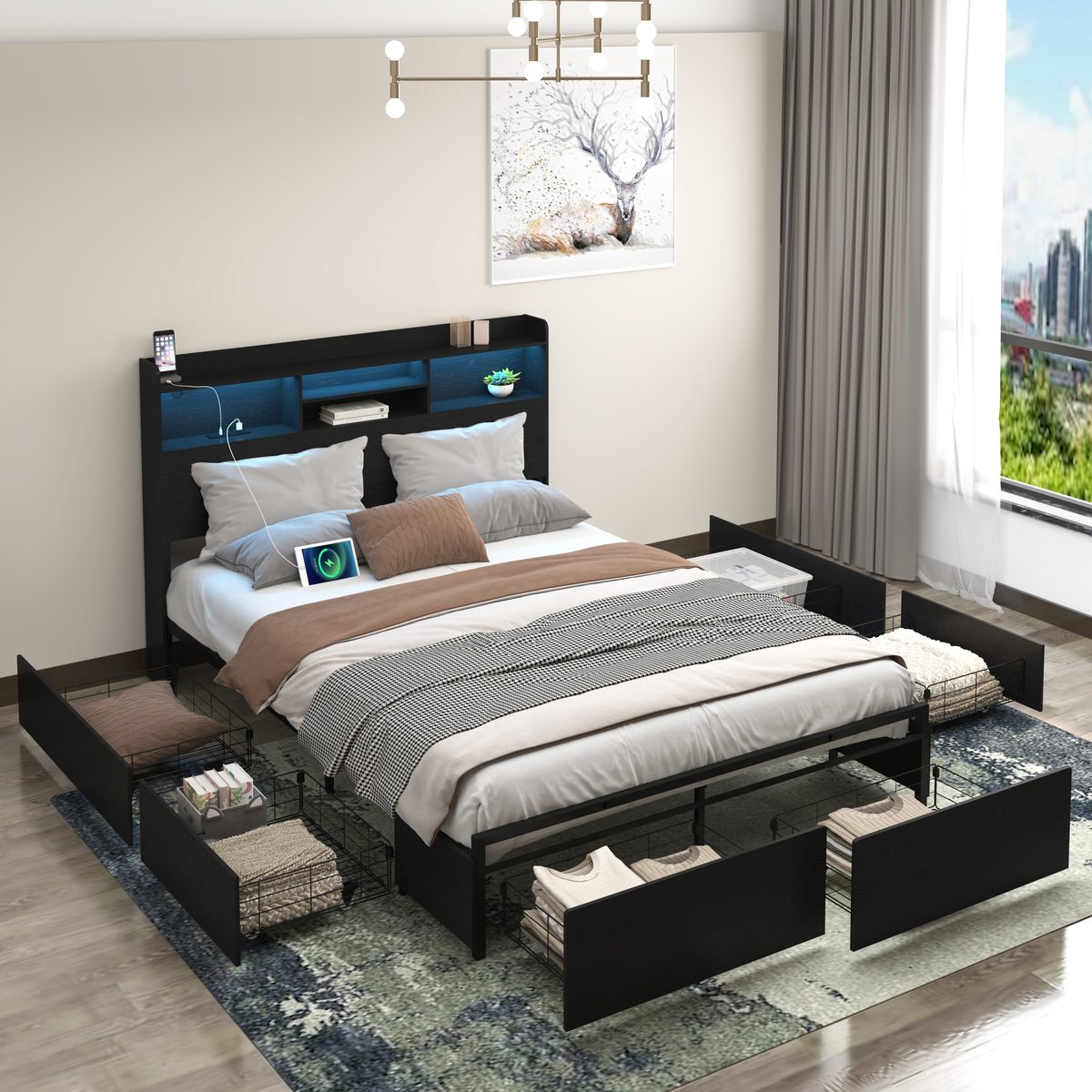 Full Bed Frame with 6 Storage Drawers Full Bed Frame with Headboard and Storage Shelf, Storage Bed with Led and Charging Station, No Noise,No Box Springs Needed,Black