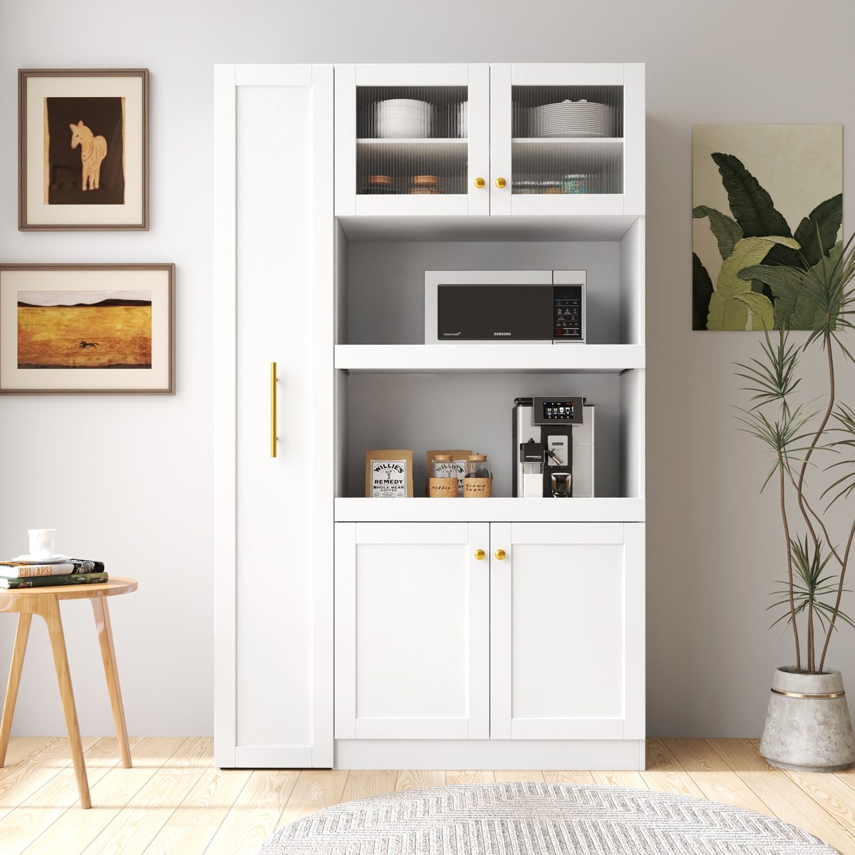 Kitchen pantry cabinet with multi-functional pull-out multi-tier storage shelf,Farmhouse Storage Cabinet with 4 Doors,Pantry Organizers for Kitchen,Dining Room(White)