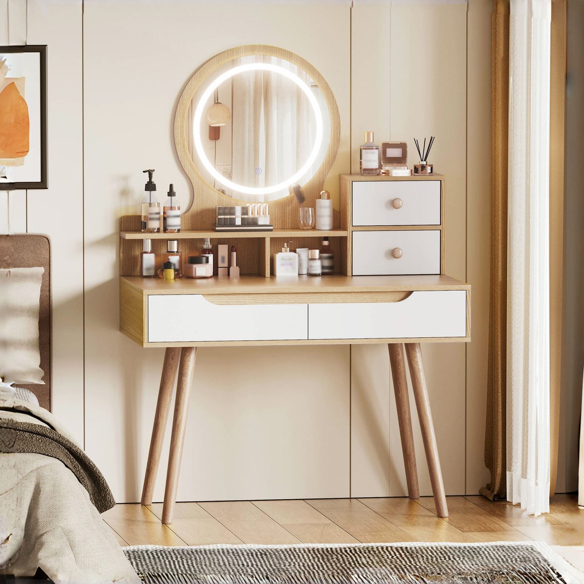 Makeup Vanity Desk with 3 Adjustable Lighted Mirror with solid wood table feet , Dressing Table Set with 4 drawers and 3 open shelves for Small space Bedroom