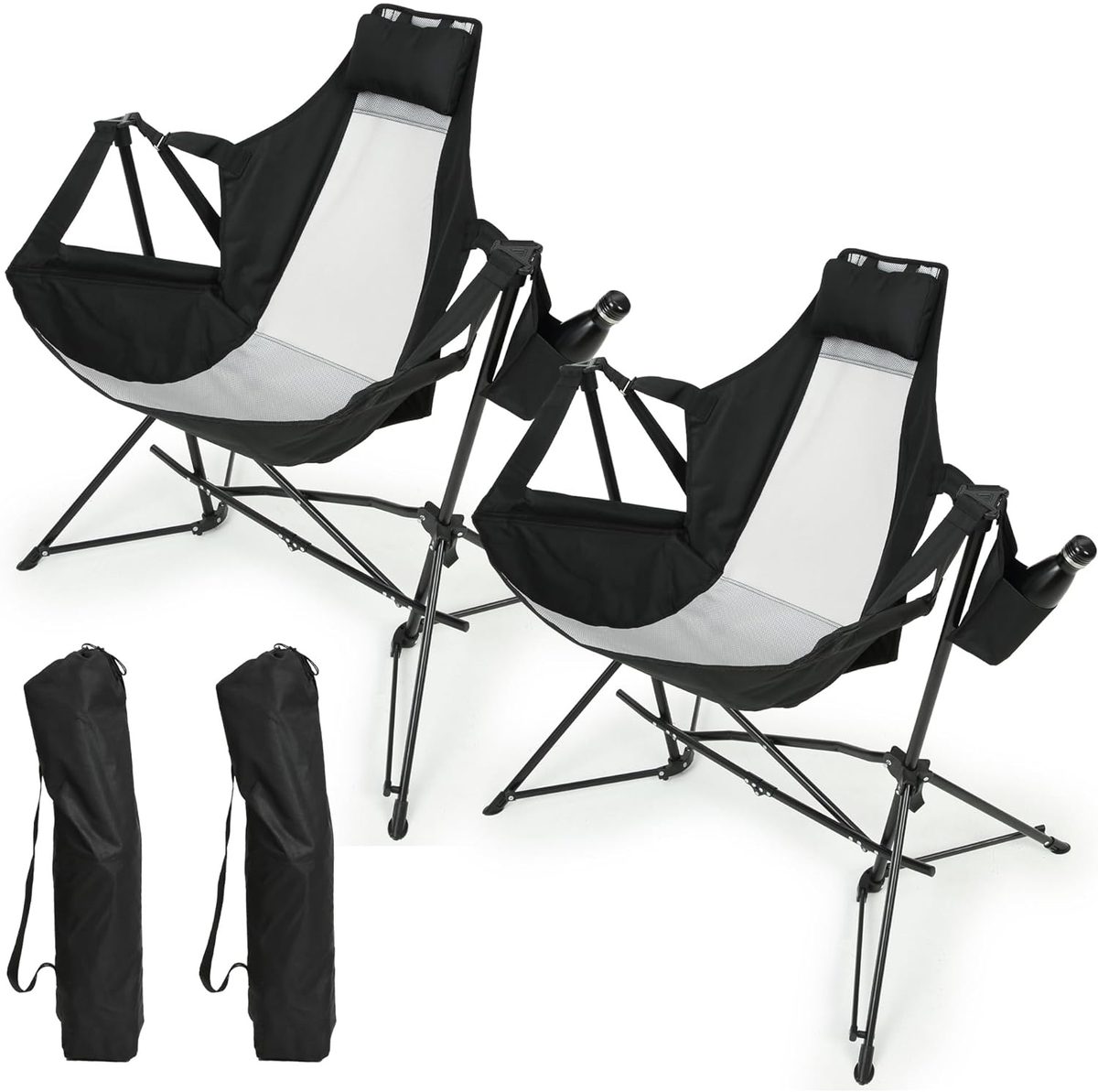 Hammock Camping Chair, Folding Portable Rocking Chair, Aluminum Alloy Adjustable Back Swinging Chair with Pillow Cup Holder, Recliner with Carry Bag for Outdoor Travel Lawn Backyard, Black (2pcs)