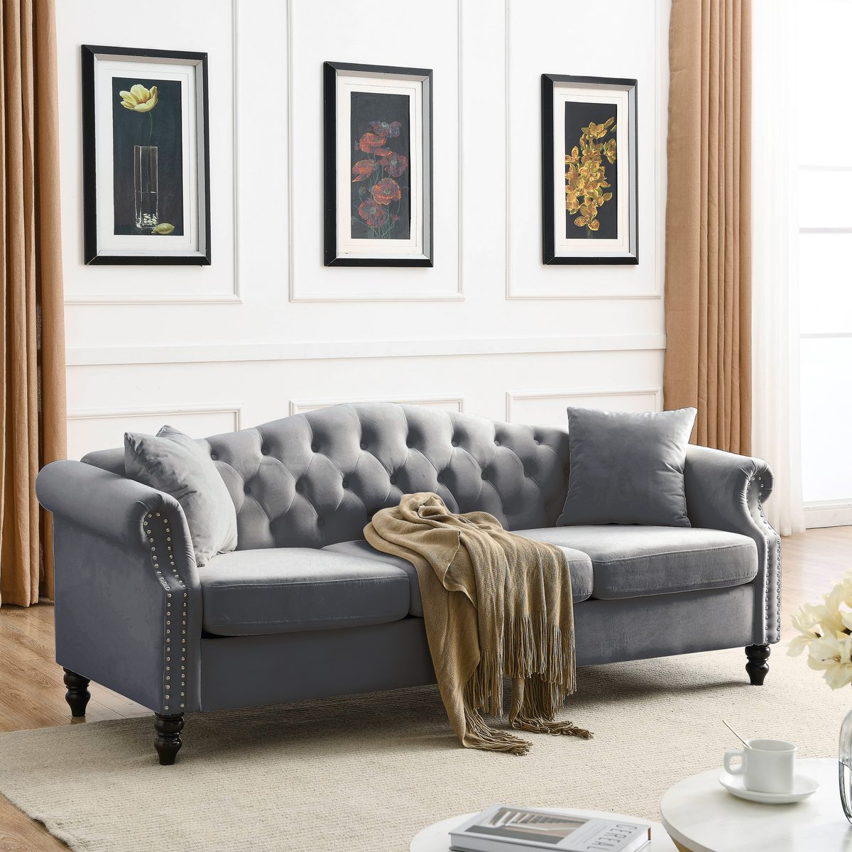 79" Chesterfield Sofa Grey Velvet for Living Room, 3 Seater Sofa Tufted Couch with Rolled Arms and Nailhead for Living Room, Bedroom, Office, Apartment, two pillowsW834S00012